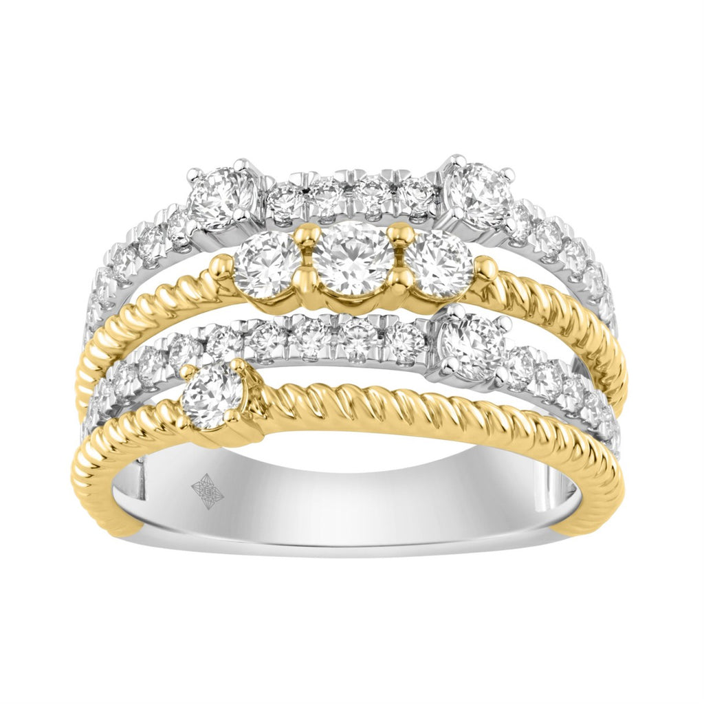 Women Luxury 14K White/Yellow Gold 1.00Ct Lab Grown Round Diamond Crossover Multi-Row Statement Ring (Color F-G -Clarity Vs1/Vs2)