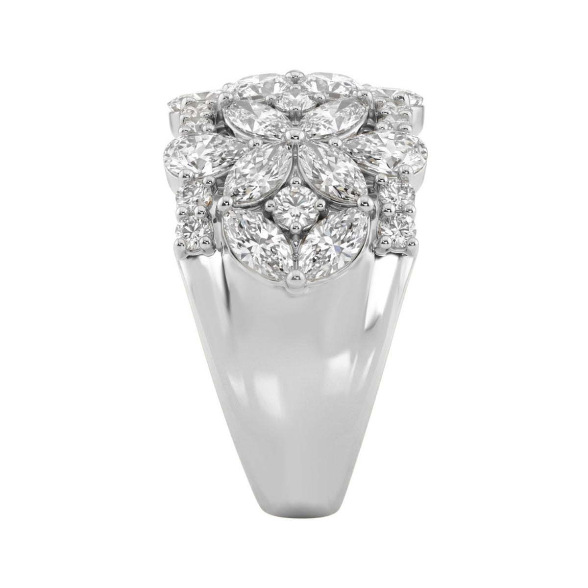 14K White Gold 3.00Ct Mixed Shape Diamond Cluster Ring Round, Marquise & Pear Floral Inspired Ladies Ring (Color F-G -Clarity Vs1/Vs2)