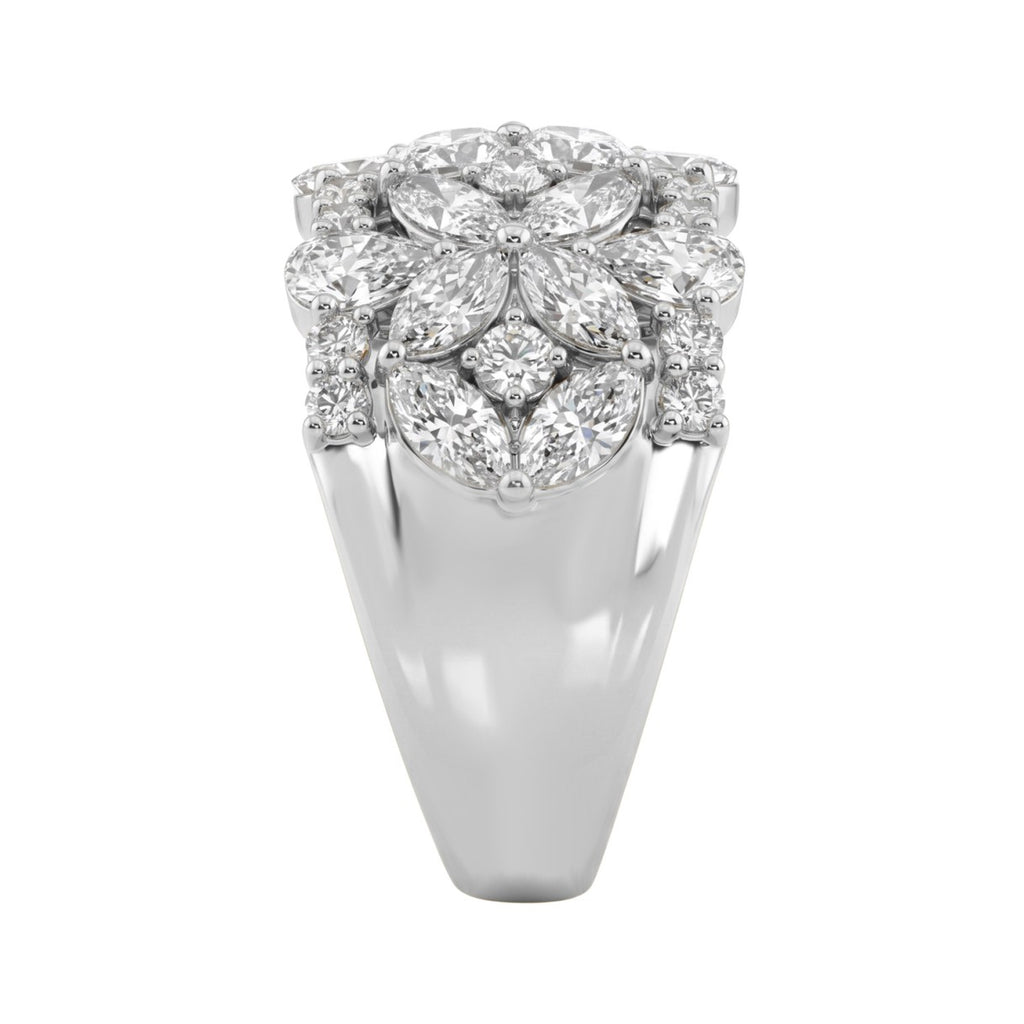 14K White Gold 3.00Ct Mixed Shape Diamond Cluster Ring Round, Marquise & Pear Floral Inspired Ladies Ring (Color F-G -Clarity Vs1/Vs2)