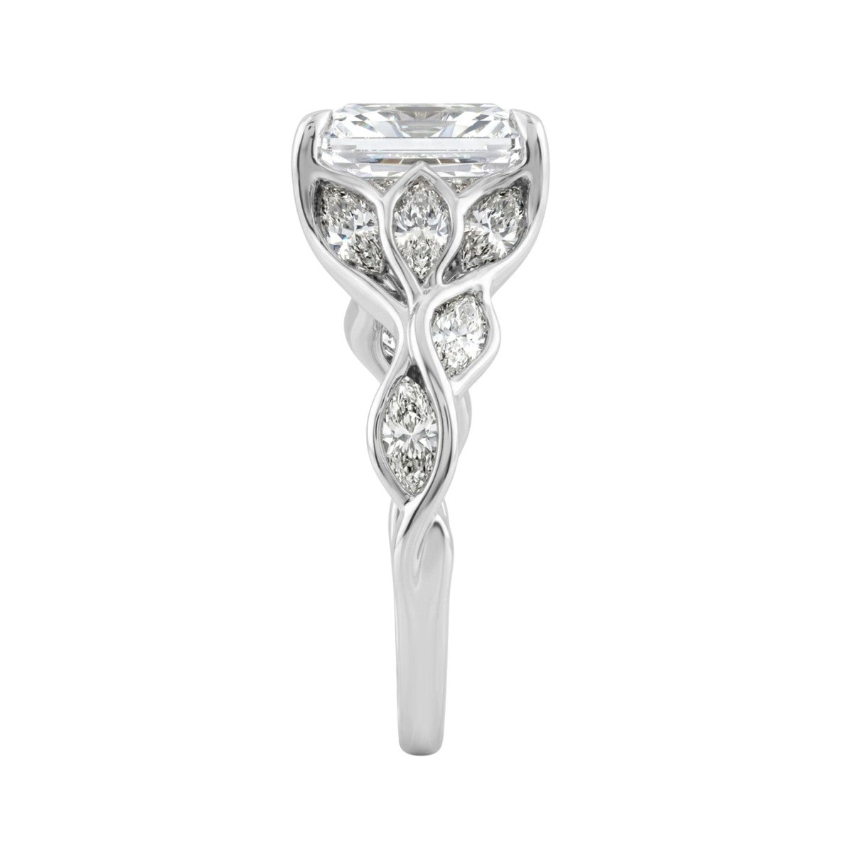 14K White Gold Radiant Cut Diamond Ring 4 1/5Ct  With Marquise Side Stones Ladies Engagement Ring 3Ct Radiant Center Stone (Color F-G -Clarity Vs1/Vs2)