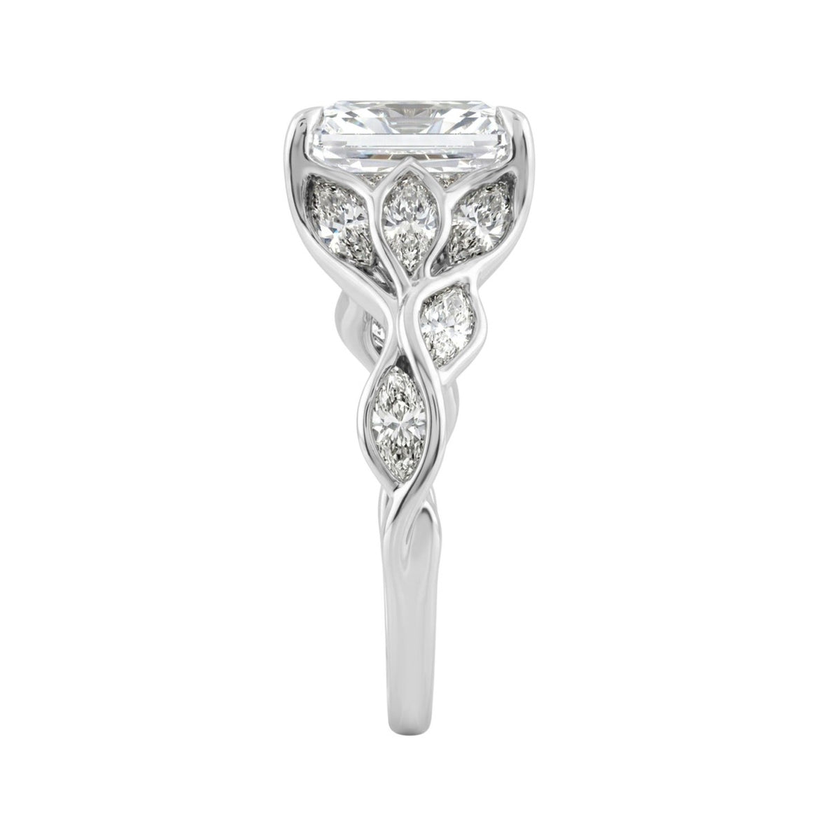 14K White Gold Radiant Cut Diamond Ring 4 1/5Ct  With Marquise Side Stones Ladies Engagement Ring 3Ct Radiant Center Stone (Color F-G -Clarity Vs1/Vs2)