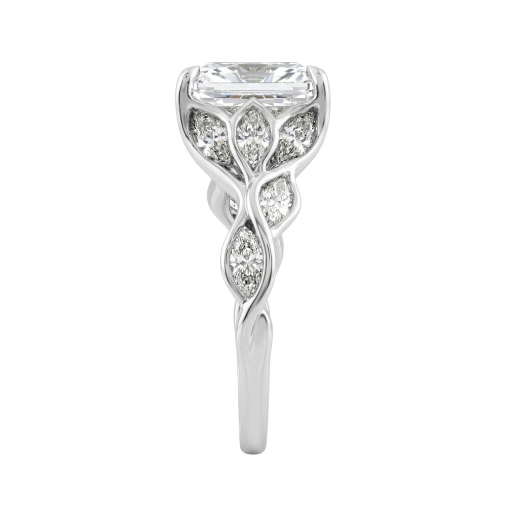 14K White Gold Radiant Cut Diamond Ring 4 1/5Ct  With Marquise Side Stones Ladies Engagement Ring 3Ct Radiant Center Stone (Color F-G -Clarity Vs1/Vs2)
