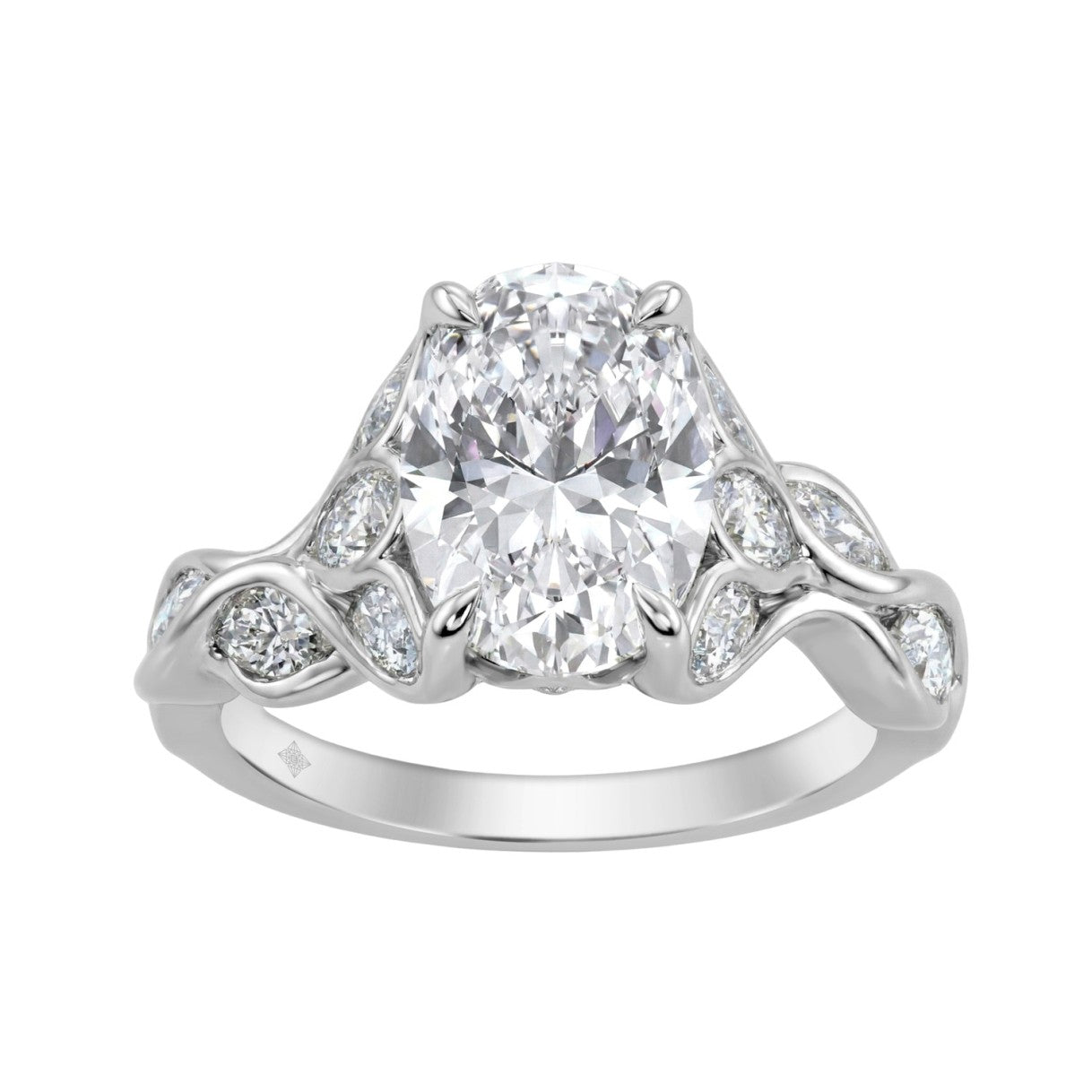 Ladies 14K White Gold 4 1/5Ct Multi-Shape Diamond Engagement Ring Round, Oval &amp; Marquise With Side Stones 3Ct Oval Center Stone (Color F-G -Clarity Vs1/Vs2)