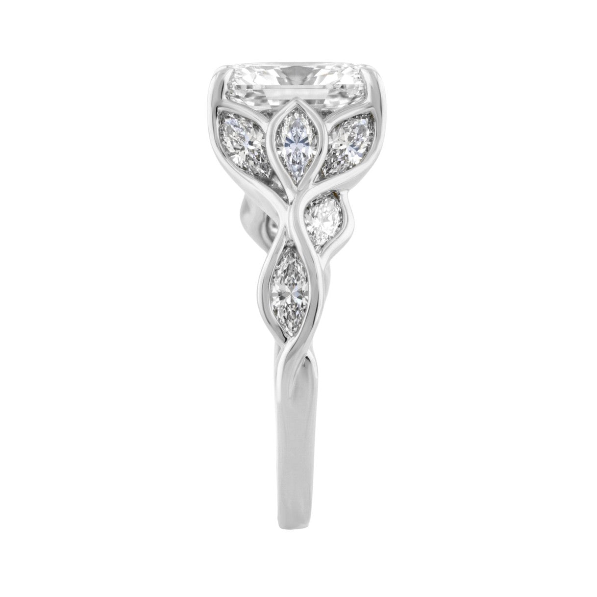 Ladies 14K White Gold 4 1/5Ct Multi-Shape Diamond Engagement Ring Round, Oval &amp; Marquise With Side Stones 3Ct Oval Center Stone (Color F-G -Clarity Vs1/Vs2)