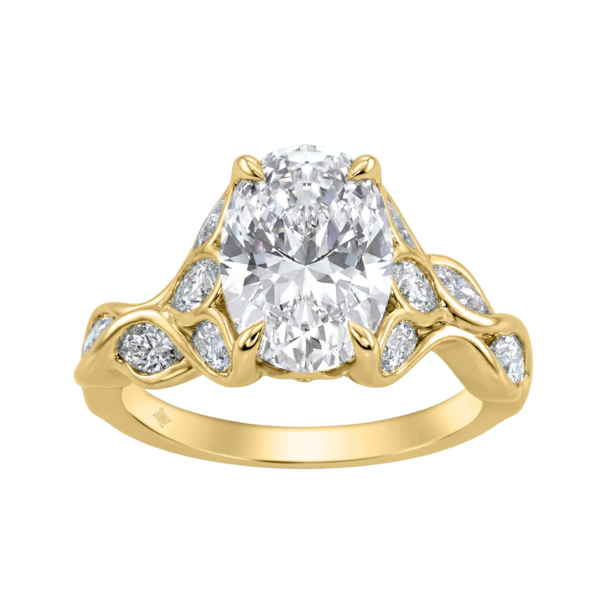 Ladies 14K Yellow Gold 4 1/5Ct Multi-Shape Diamond Engagement Ring Round, Oval &amp; Marquise With Side Stones 3Ct Oval Center Stone (Color F-G -Clarity Vs1/Vs2)