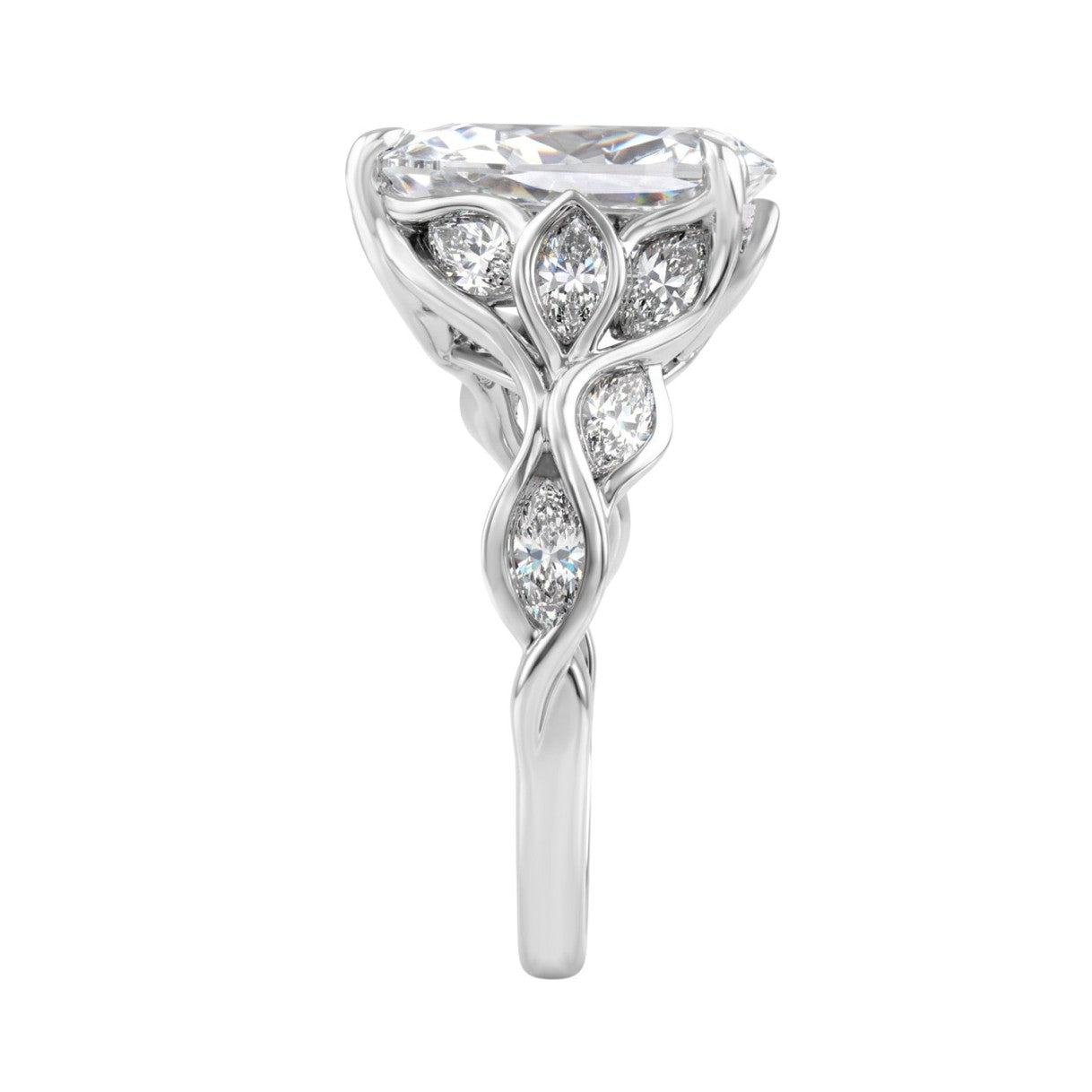 Elegant 14K White Gold 4 1/5Ct Diamond Ring Round, Pear & Marquise With Marquise Side Stones, Women Fashion Ring 3Ct Pear Center Stone (Color F-G -Clarity Vs1/Vs2)