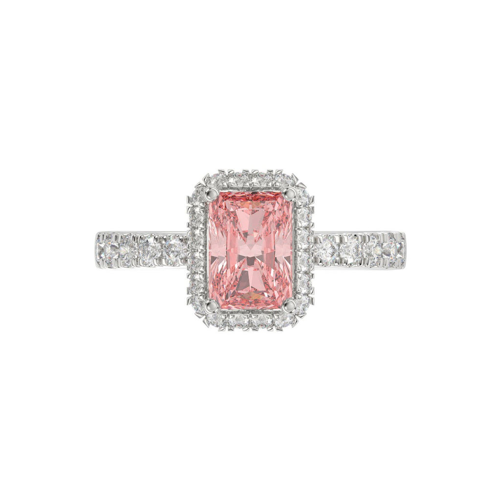 14K White Gold 4.00Ct Round Diamond Halo Ring For Women 3.00Ct Pink Radiant Cut Center Stone  With Round Diamond Halo (Color F-G -Clarity Vs1/Vs2)