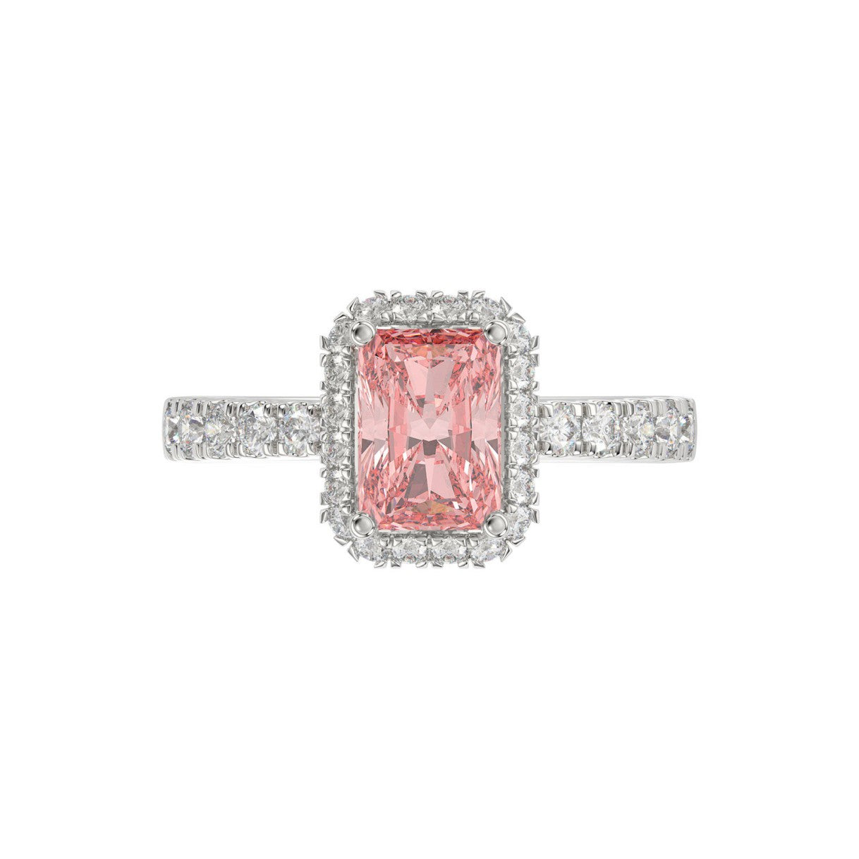 14K White Gold 4.00Ct Round Diamond Halo Ring For Women 3.00Ct Pink Radiant Cut Center Stone  With Round Diamond Halo (Color F-G -Clarity Vs1/Vs2)