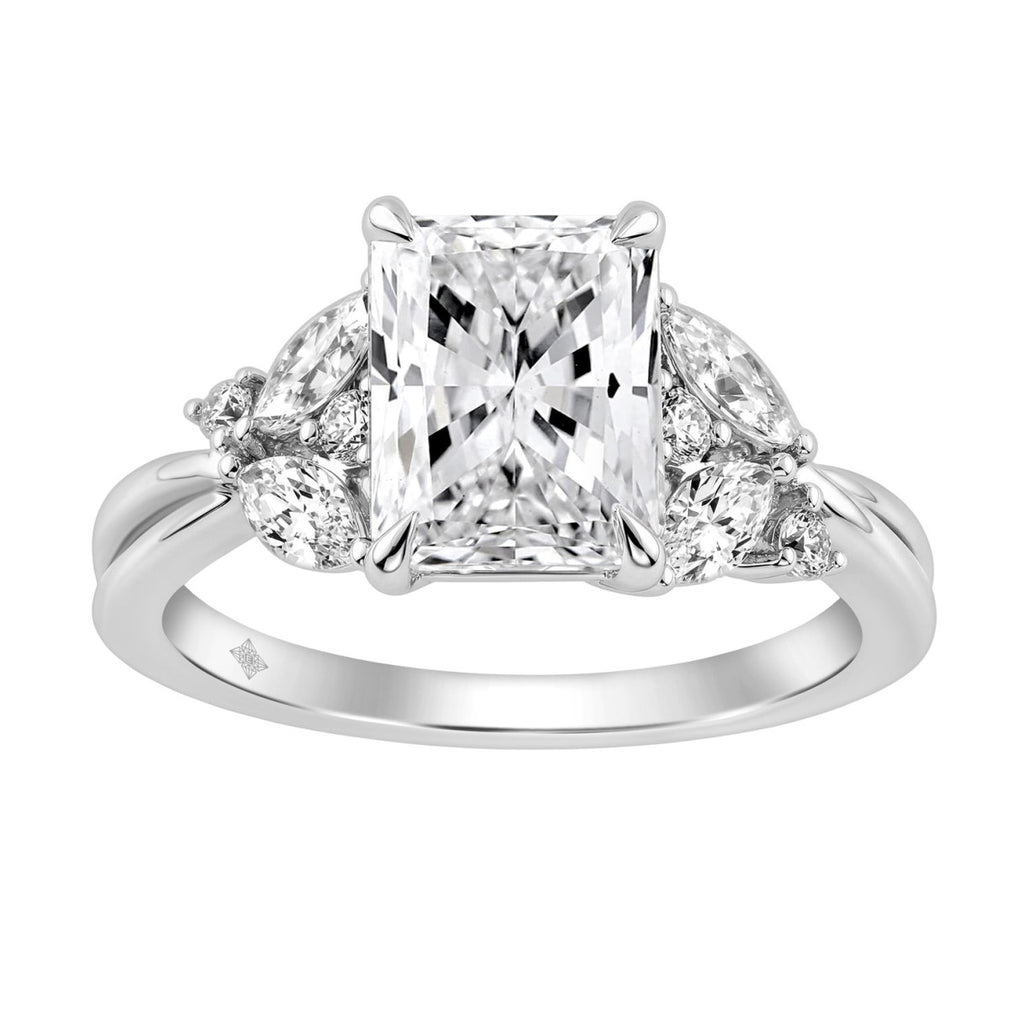 14K White Gold Ladies Lab-Grown Brown Diamond Ladies Engagement Ring 3 1/2Ct Radiant, Round &amp; Marquise With Side Marquise Accents 3Ct Radiant Center Stone (Color F-G -Clarity Vs1/Vs2)