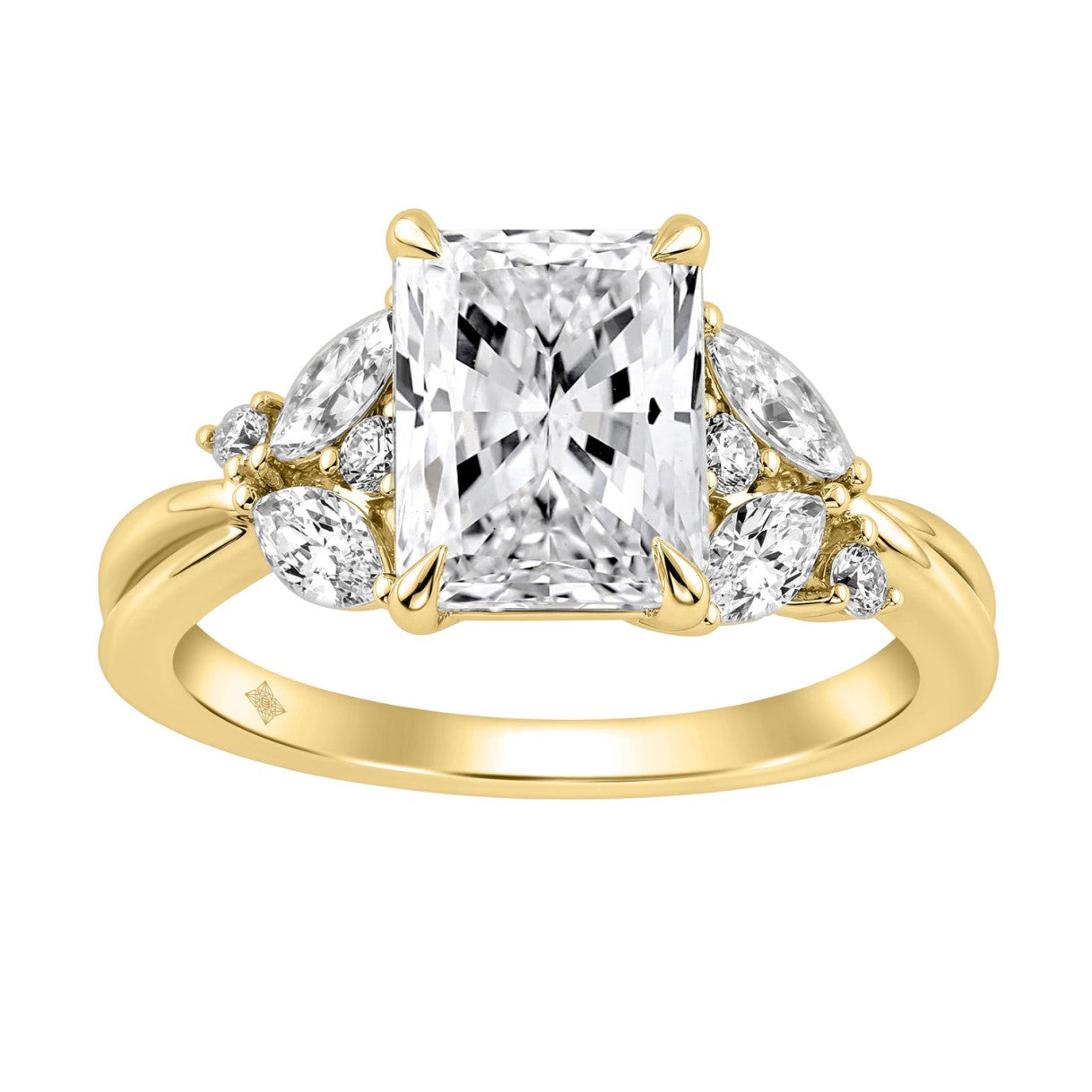 14K Yellow Gold Ladies Lab-Grown Brown Diamond Ladies Engagement Ring 3 1/2Ct Radiant, Round & Marquise With Side Marquise Accents 3Ct Radiant Center Stone (Color F-G -Clarity Vs1/Vs2)
