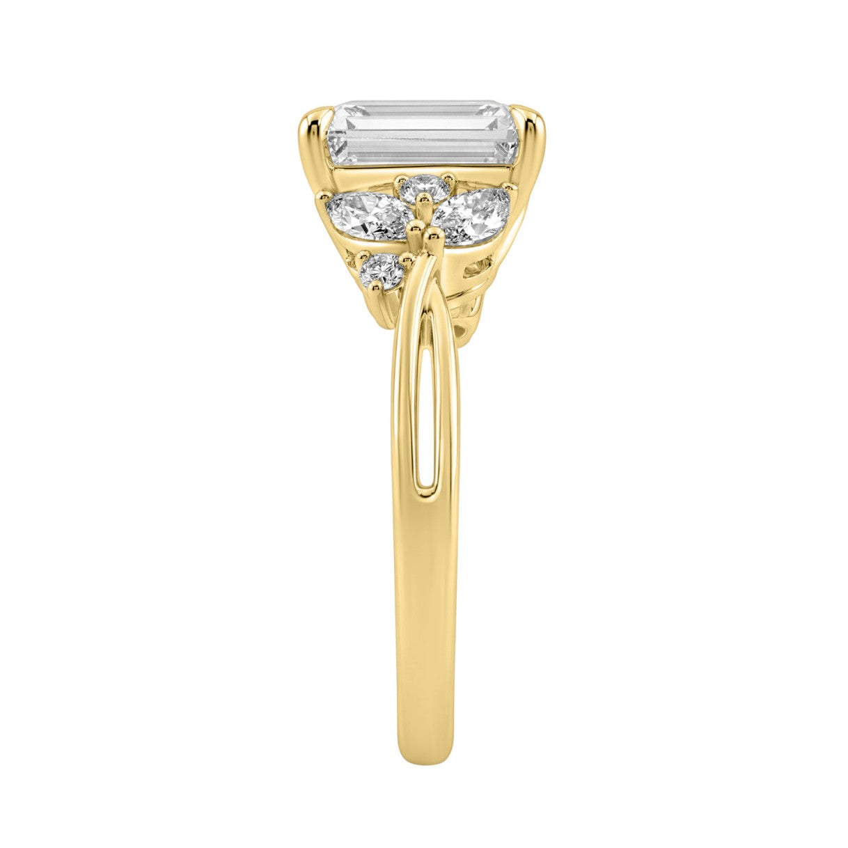 14K Yellow Gold Ladies Lab-Grown Brown Diamond Ladies Engagement Ring 3 1/2Ct Radiant, Round &amp; Marquise With Side Marquise Accents 3Ct Radiant Center Stone (Color F-G -Clarity Vs1/Vs2)