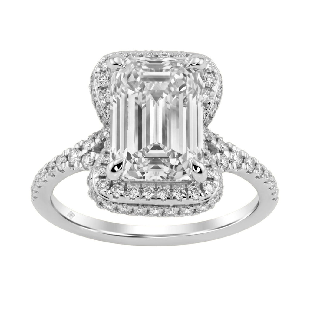 14K White Gold 4 1/2Ct Ladies Emerald-Cut Halo Engagement Ring 4Ct Emerald Center Stone &amp; Round Diamond (Color F-G -Clarity Vs1/Vs2)