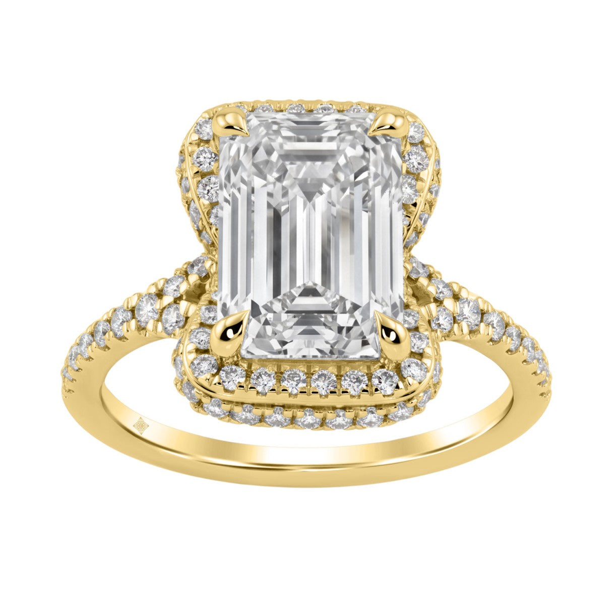 14K Yellow Gold 4 1/2Ct Ladies Emerald-Cut Halo Engagement Ring 4Ct Emerald Center Stone &amp; Round Diamond (Color F-G -Clarity Vs1/Vs2)
