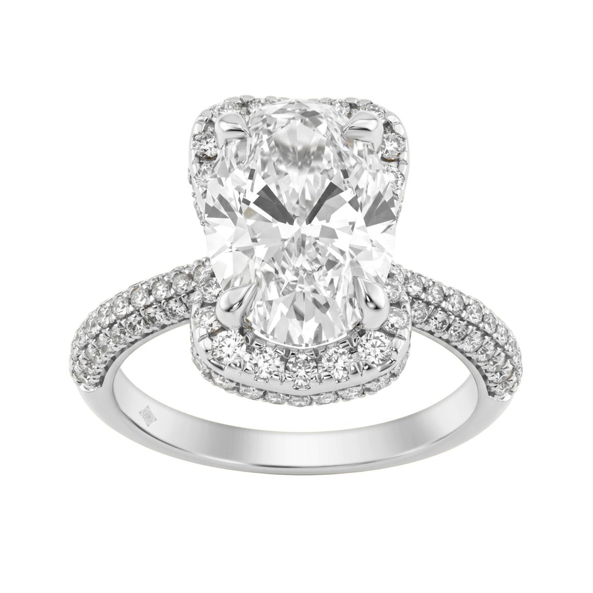 14K White Gold 4 1/2Ct Ladies Oval Cut  Hidden Halo Engagement Ring 4Ct Oval Center Stone &amp; Round Diamond (Color F-G -Clarity Vs1/Vs2)