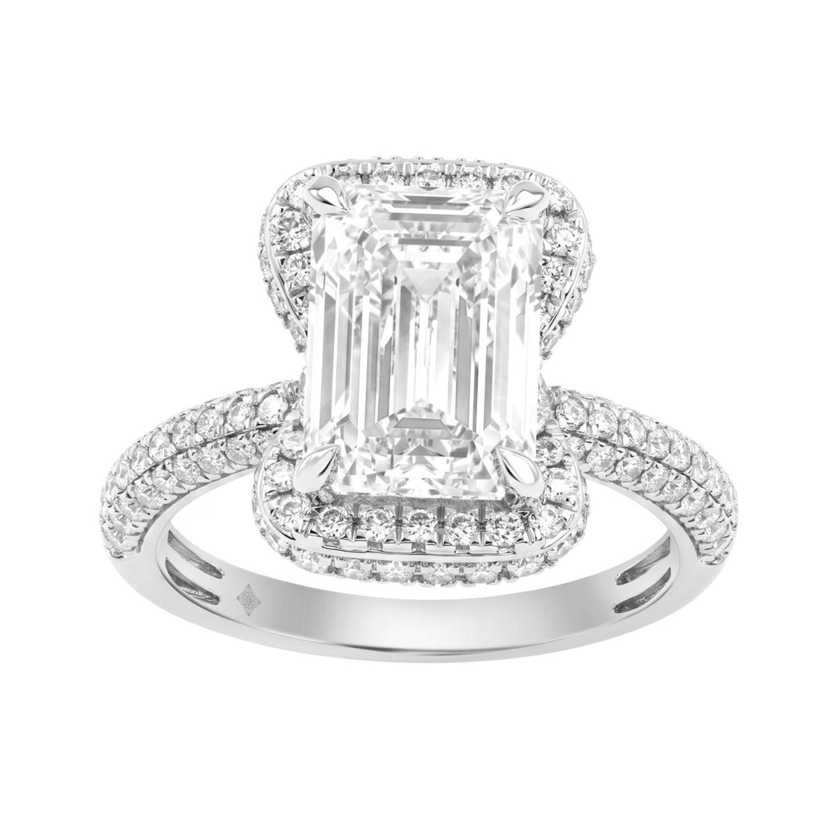 14K White Gold 4 1/2Ct Ladies Emerald Cut Hidden Halo Engagement Ring 4Ct Emerald Center Stone &amp; Round Diamond (Color F-G -Clarity Vs1/Vs2)