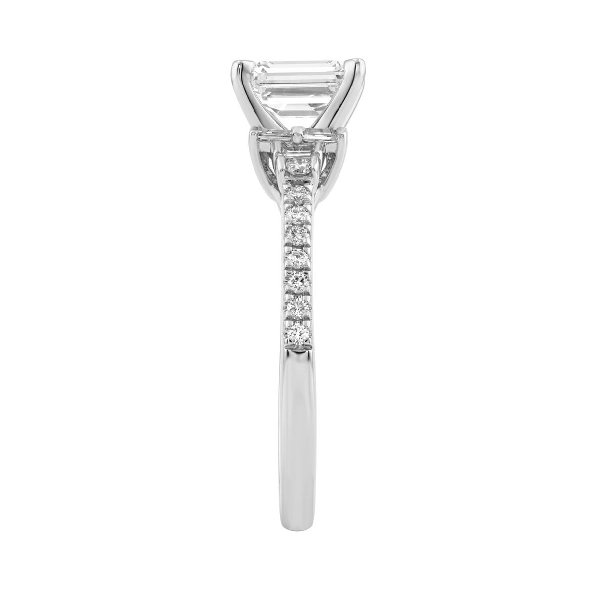 14K White Gold Lab Grown Emerald Cut Diamond Ladies Engagement Ring 1 1/4Ct With Round &amp; Baguette Side Stones 1Ct Emerald Center Stone (Color F-G -Clarity Vs1/Vs2)