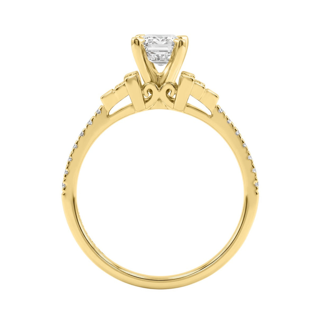 14K Yellow Gold Lab Grown Emerald Cut Diamond Ladies Engagement Ring 1 1/4Ct With Round &amp; Baguette Side Stones 1Ct Emerald Center Stone (Color F-G -Clarity Vs1/Vs2)