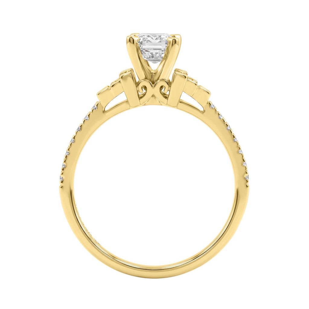 14K Yellow Gold Lab Grown Emerald Cut Diamond Ladies Engagement Ring 1 1/4Ct With Round &amp; Baguette Side Stones 1Ct Emerald Center Stone (Color F-G -Clarity Vs1/Vs2)