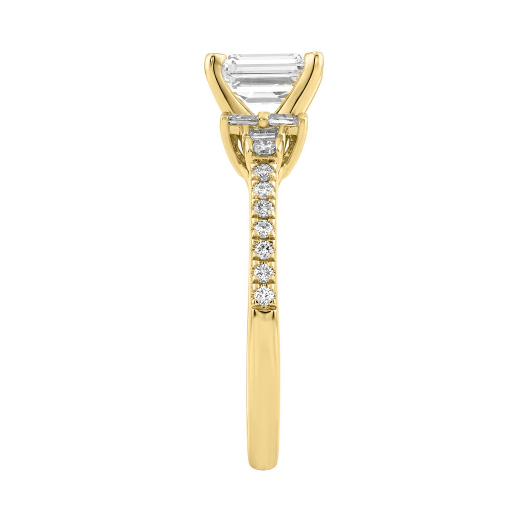 14K Yellow Gold Lab Grown Emerald Cut Diamond Ladies Engagement Ring 1 1/4Ct With Round &amp; Baguette Side Stones 1Ct Emerald Center Stone (Color F-G -Clarity Vs1/Vs2)