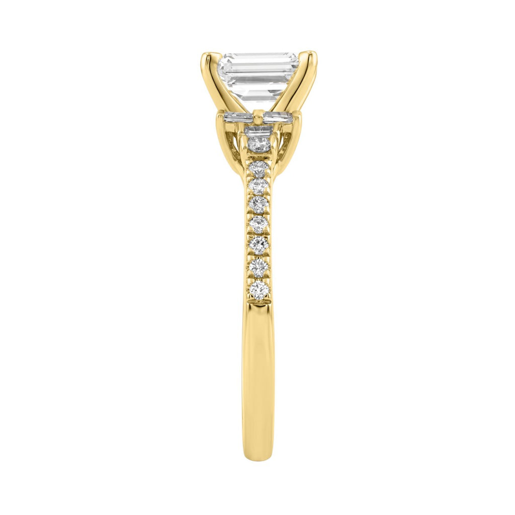 14K Yellow Gold Lab Grown Emerald Cut Diamond Ladies Engagement Ring 1 1/4Ct With Round &amp; Baguette Side Stones 1Ct Emerald Center Stone (Color F-G -Clarity Vs1/Vs2)
