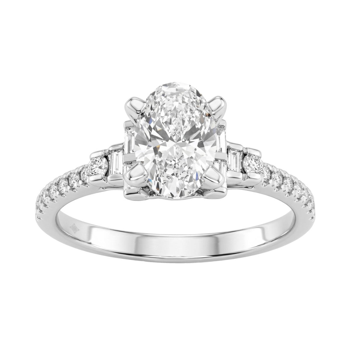 14K White Gold Lab Grown Emerald Cut Diamond Ladies Engagement Ring 1 1/4Ct With Round &amp; Baguette Side Stones 1Ct Oval Center Stone (Color F-G -Clarity Vs1/Vs2)