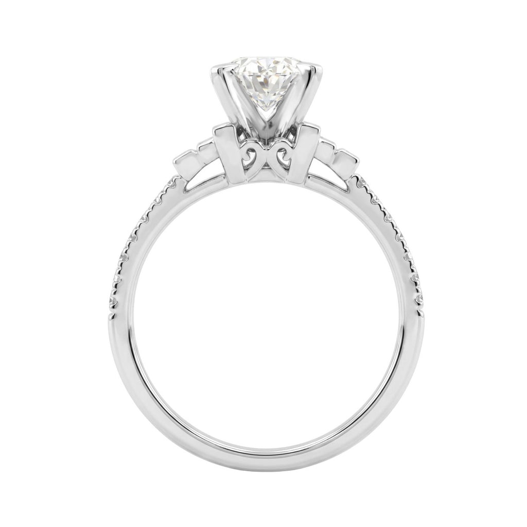 14K White Gold Lab Grown Emerald Cut Diamond Ladies Engagement Ring 1 1/4Ct With Round &amp; Baguette Side Stones 1Ct Oval Center Stone (Color F-G -Clarity Vs1/Vs2)