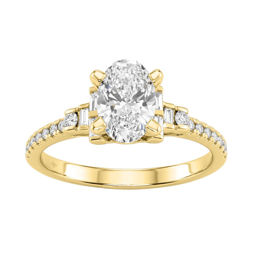 14K Yellow Gold Lab Grown Emerald Cut Diamond Ladies Engagement Ring 1 1/4Ct With Round &amp; Baguette Side Stones 1Ct Oval Center Stone (Color F-G -Clarity Vs1/Vs2)