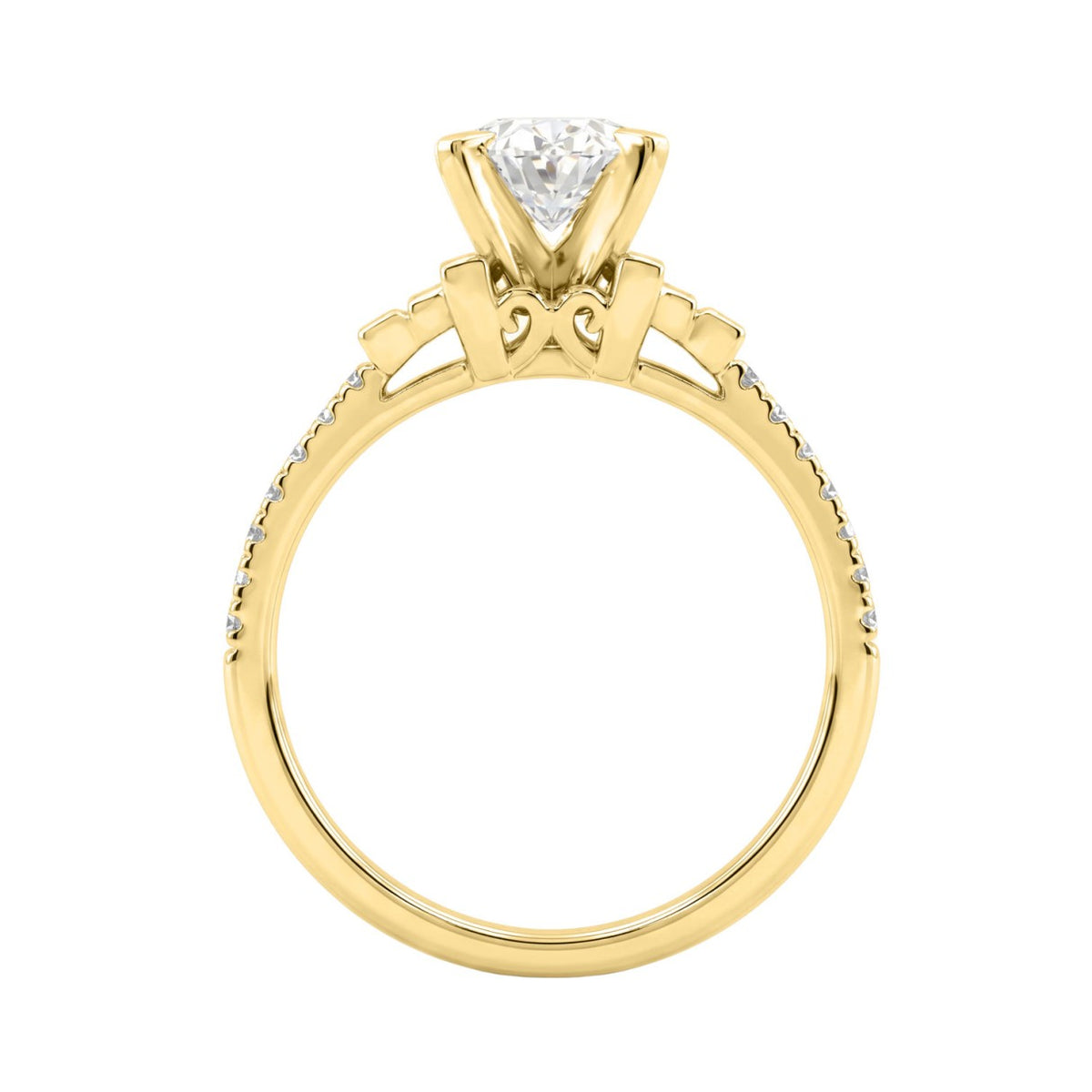 14K Yellow Gold Lab Grown Emerald Cut Diamond Ladies Engagement Ring 1 1/4Ct With Round &amp; Baguette Side Stones 1Ct Oval Center Stone (Color F-G -Clarity Vs1/Vs2)
