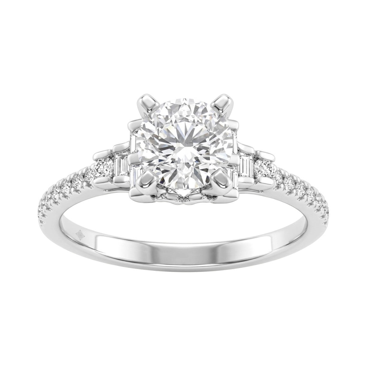 Round Diamond Engagement Ring 1 1/4Ct 14K White Gold Ring With Round & Baguette Accent Diamonds For Women 1Ct Round Center Stone (Color F-G -Clarity Vs1/Vs2)