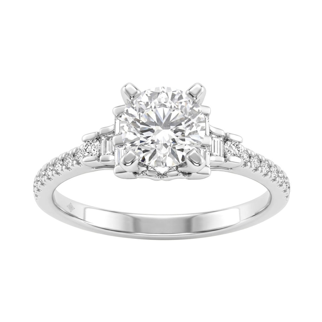 Round Diamond Engagement Ring 1 1/4Ct 14K White Gold Ring With Round &amp; Baguette Accent Diamonds For Women 1Ct Round Center Stone (Color F-G -Clarity Vs1/Vs2)
