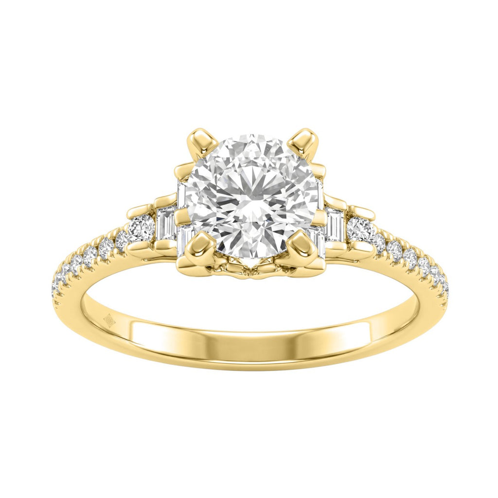 Round Diamond Engagement Ring 1 1/4Ct 14K Yellow Gold Ring With Round &amp; Baguette Accent Diamonds For Women 1Ct Round Center Stone (Color F-G -Clarity Vs1/Vs2)