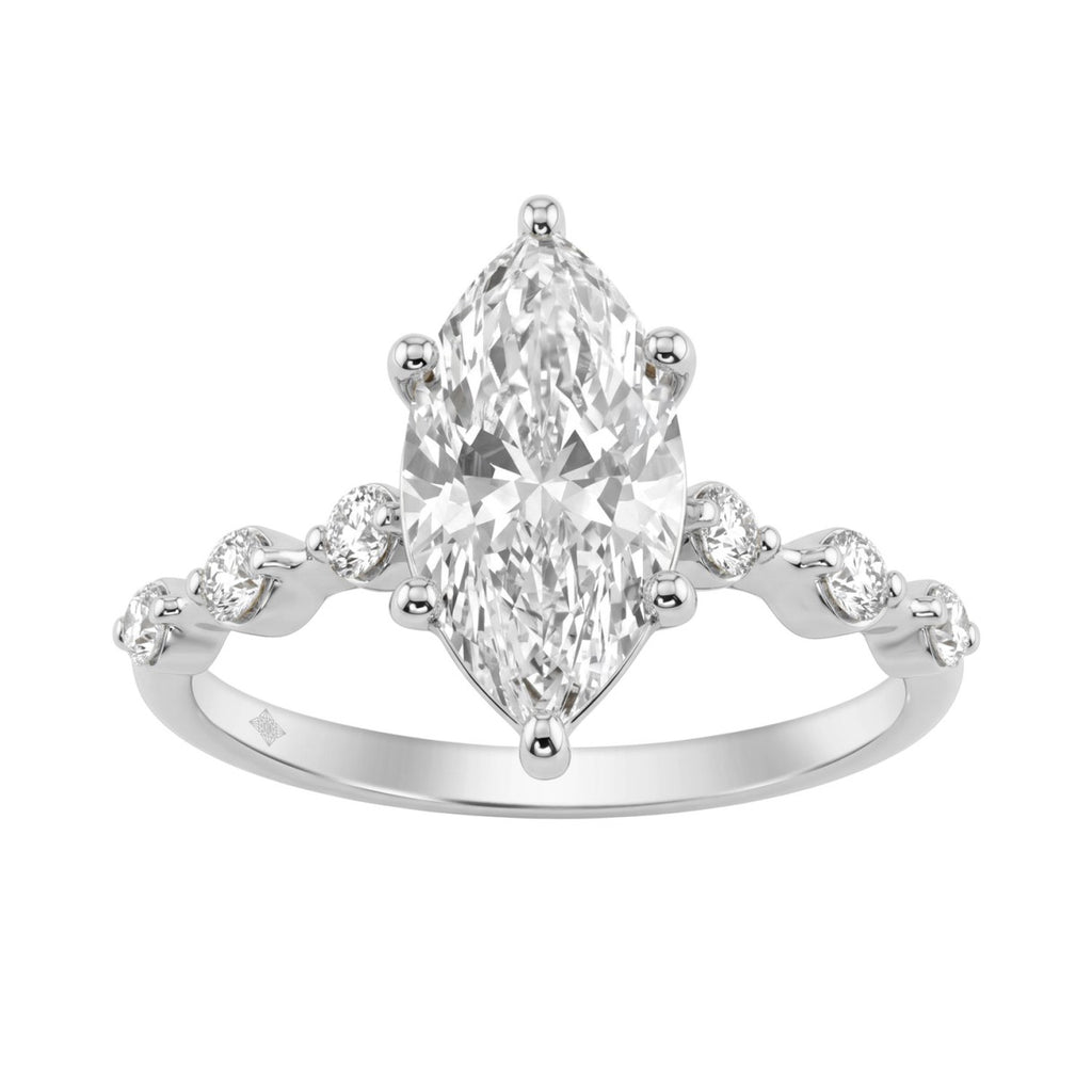 Women 14K White Gold 2 1/4Ct Lab Grown Diamond Ring Marquise Cut With Round Side Stone Engagement Ring 2.00Ct Marquise Center Stone (Color F-G -Clarity Vs1/Vs2)