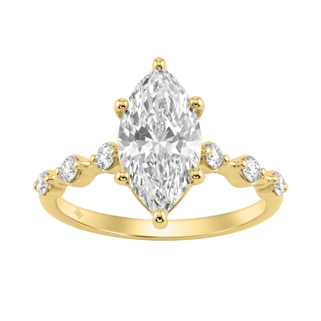 Women 14K Yellow Gold 2 1/4Ct Lab Grown Diamond Ring Marquise Cut With Round Side Stone Engagement Ring 2.00Ct Marquise Center Stone (Color F-G -Clarity Vs1/Vs2)