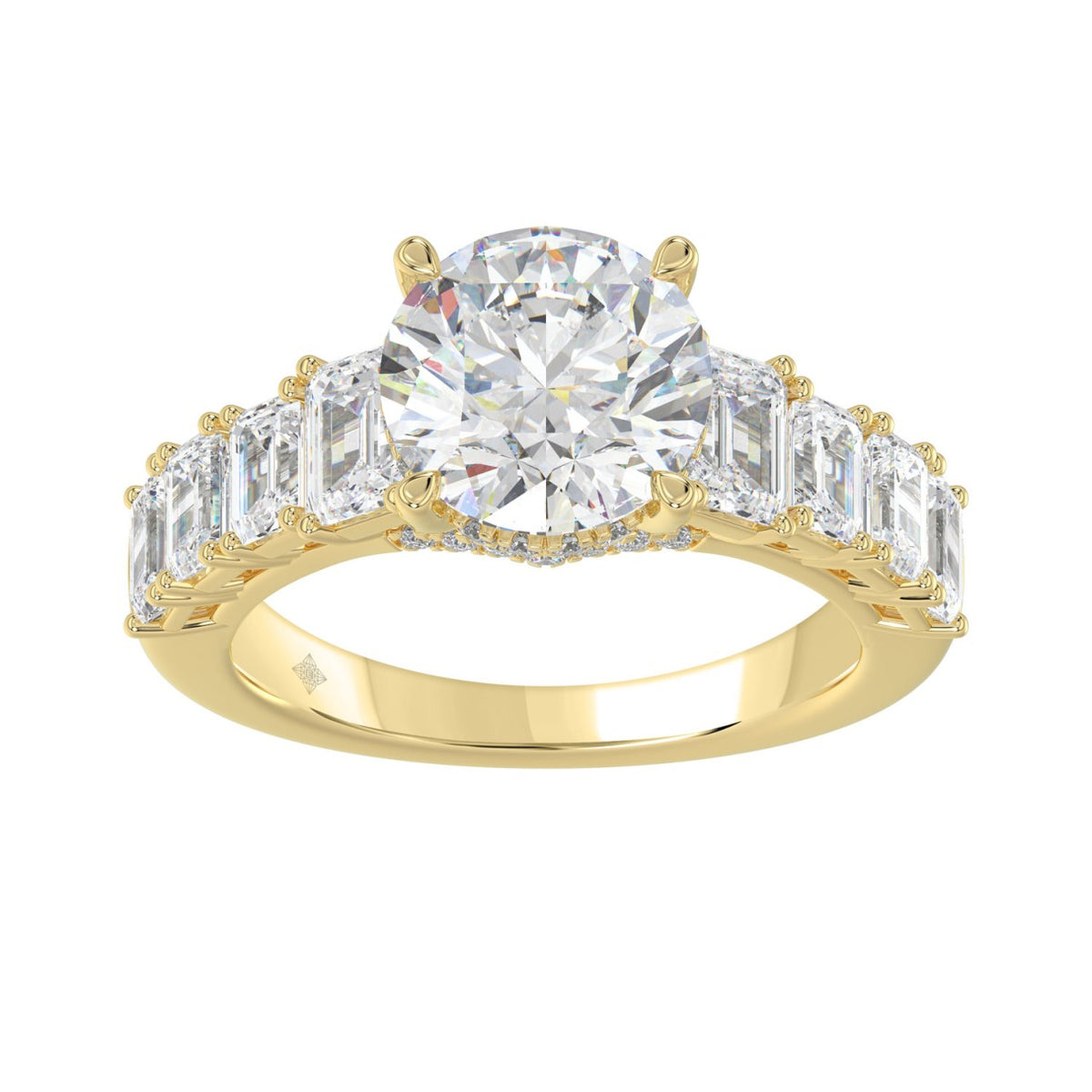 14K Yellow Gold Emerald Cut Diamond Hidden Halo Engagement Ring With Round Diamonds 5.00Ct Women Bridal Ring 3.00Ct Round Center Stone (Color F-G -Clarity Vs1/Vs2)