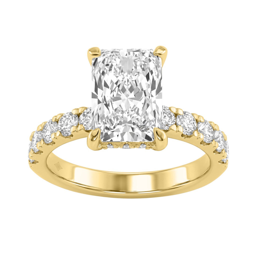 Elegant 14K Yellow Gold Ladies Ring With 4.00Ct Round And Radiant Diamonds In A Sparkling Hidden Halo Ring 3.00Ct Radiant Center Stone (Color F-G -Clarity Vs1/Vs2)