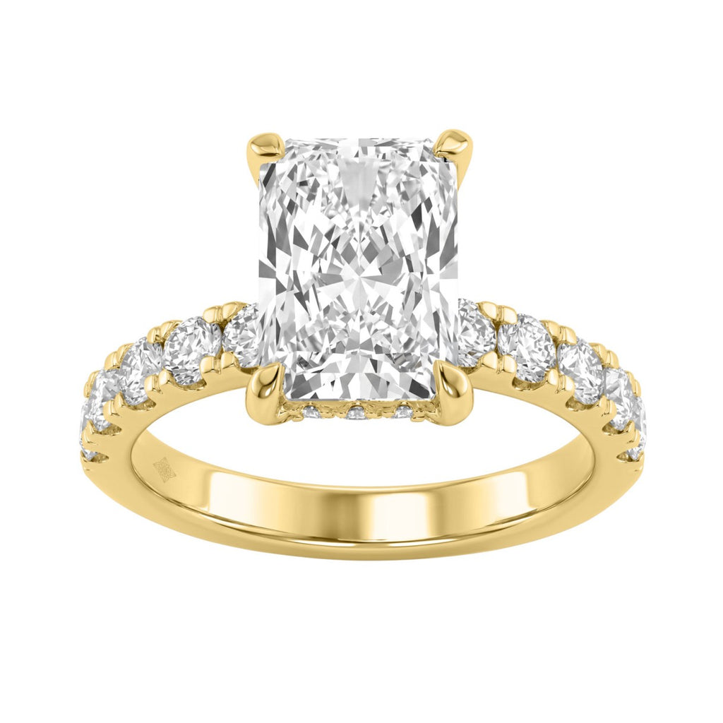 Elegant 14K Yellow Gold Ladies Ring With 4.00Ct Round And Radiant Diamonds In A Sparkling Hidden Halo Ring 3.00Ct Radiant Center Stone (Color F-G -Clarity Vs1/Vs2)