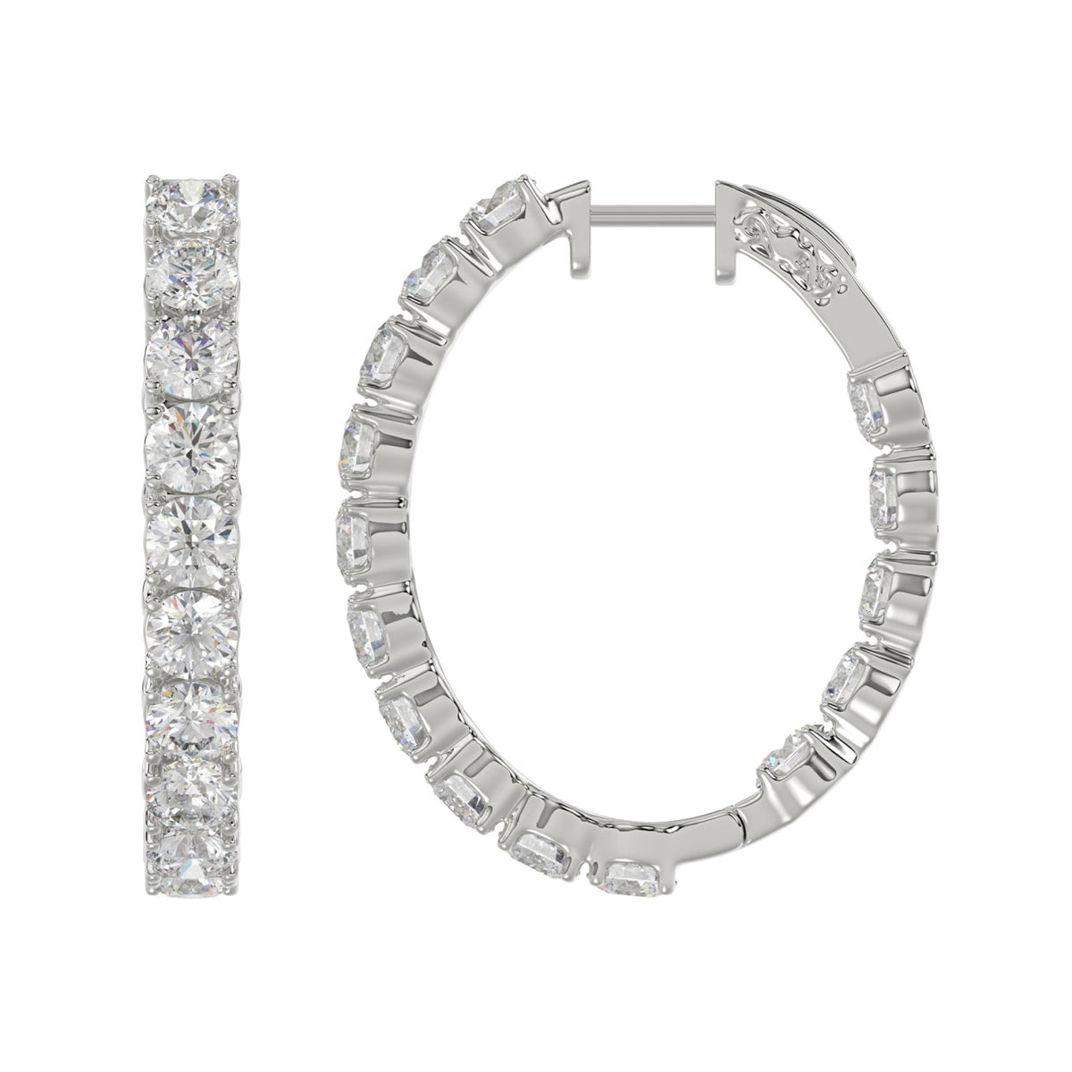 LADIES HOOP EARRINGS 7CT ROUND DIAMOND 14K WHITE GOLD