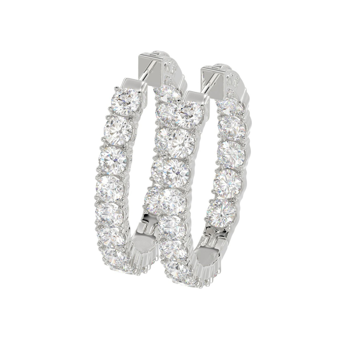 LADIES HOOP EARRINGS 7CT ROUND DIAMOND 14K WHITE GOLD