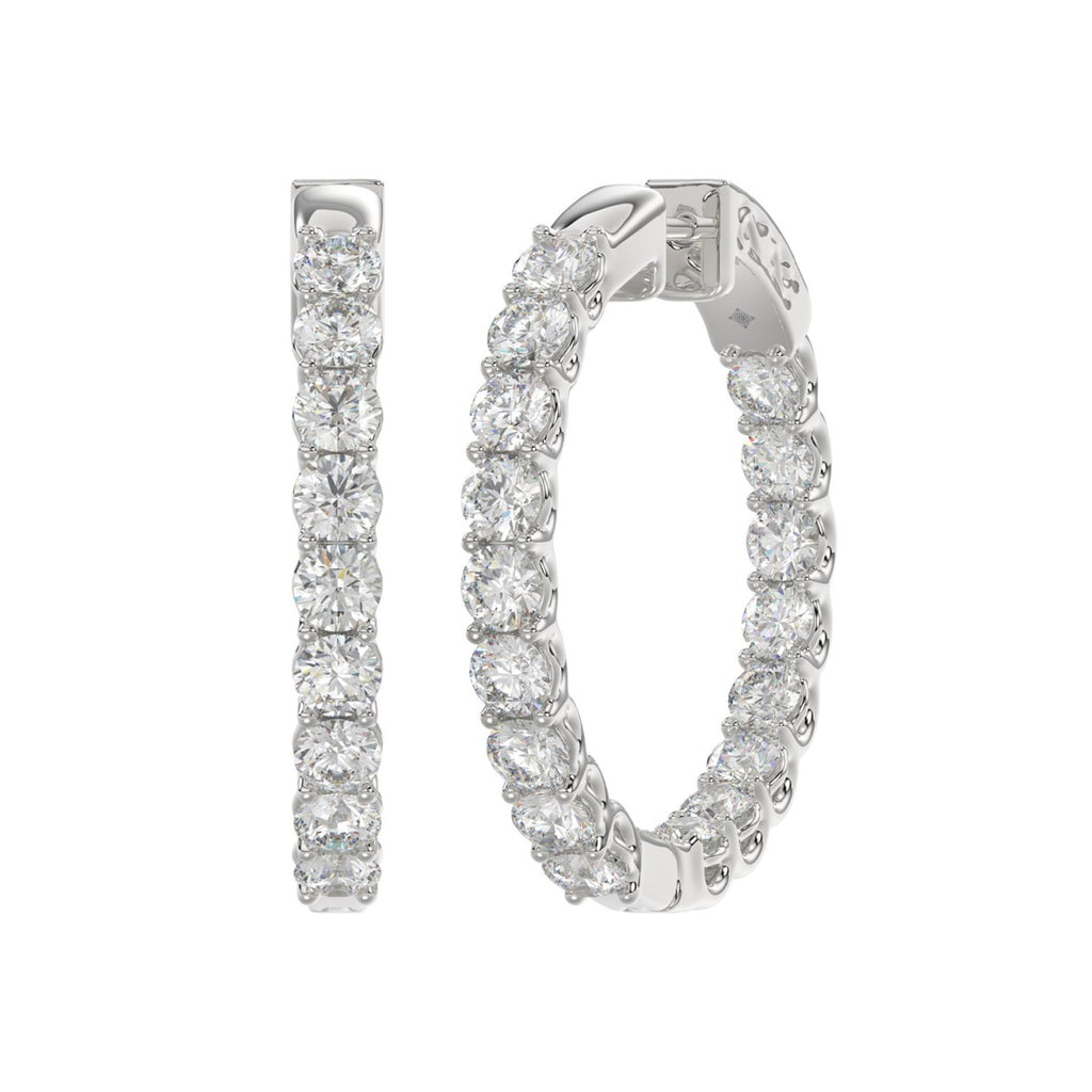 LADIES HOOP EARRINGS 3CT ROUND DIAMOND 14K WHITE GOLD