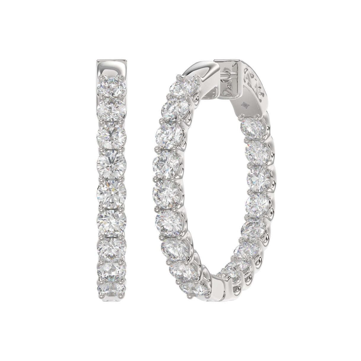 LADIES HOOP EARRINGS 3CT ROUND DIAMOND 14K WHITE GOLD