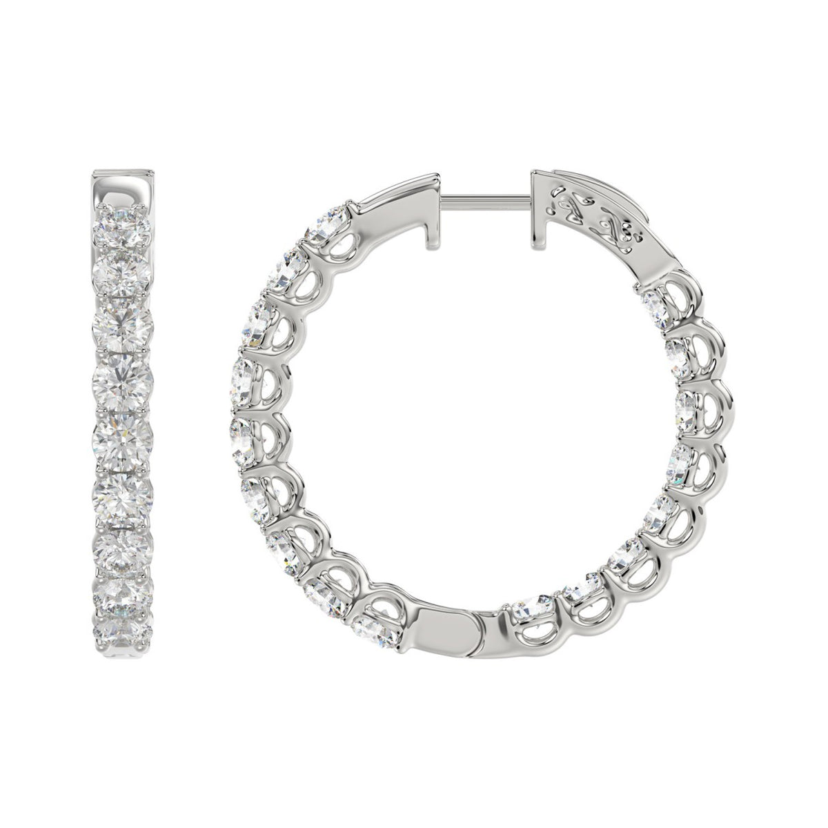 LADIES HOOP EARRINGS 3CT ROUND DIAMOND 14K WHITE GOLD