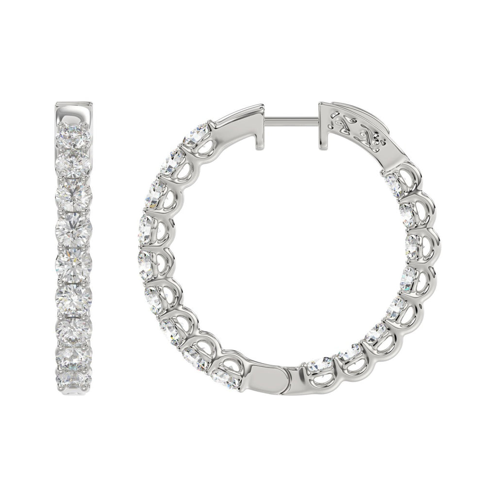 LADIES HOOP EARRINGS 3CT ROUND DIAMOND 14K WHITE GOLD