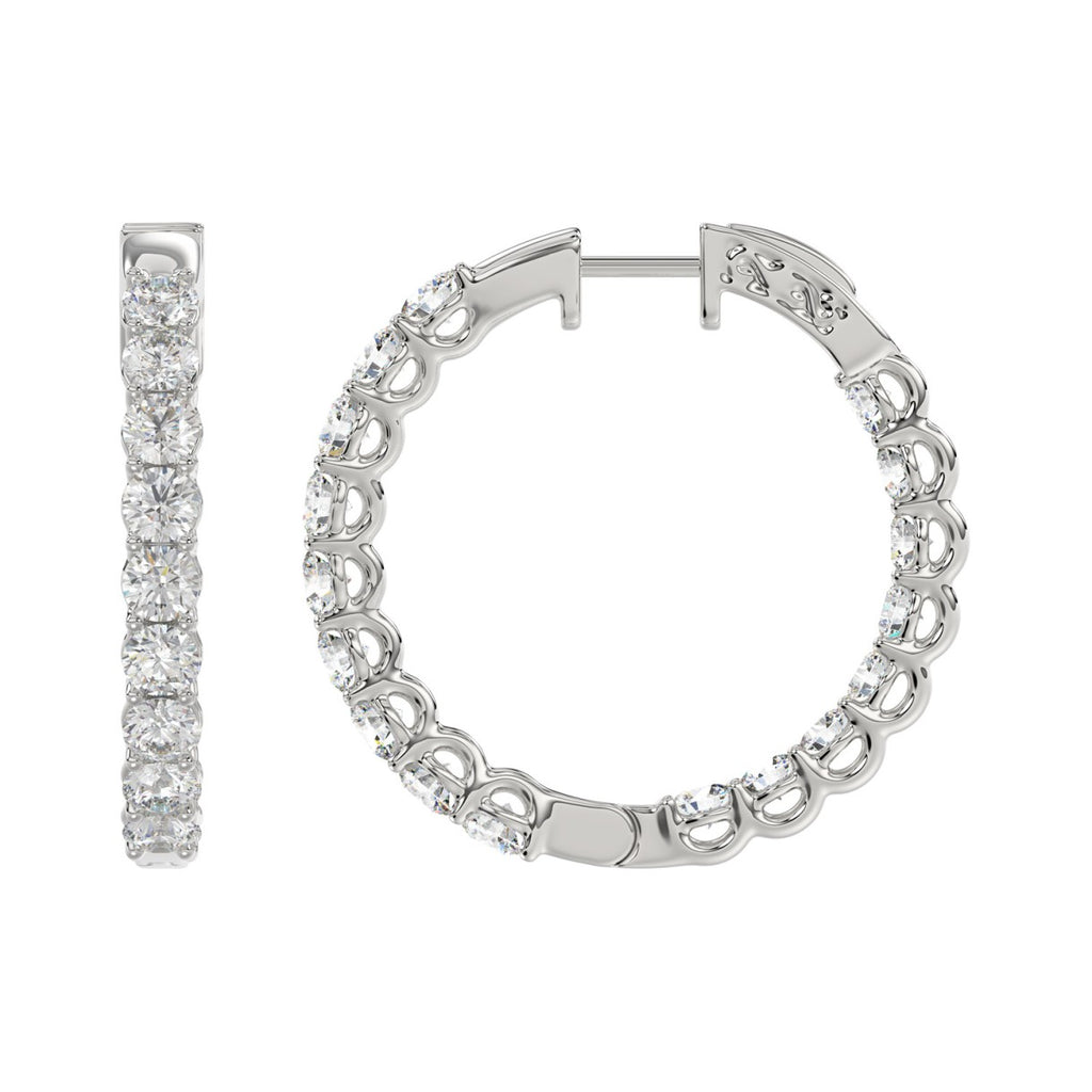 LADIES HOOP EARRINGS 3CT ROUND DIAMOND 14K WHITE GOLD